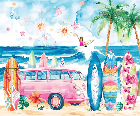 A pink van is parked on a beach with colorful surfboards standing beside it. The ocean, captured in high-definition detail, has waves with a surfer riding one. Palm trees and bright floral decorations enhance the Surfboard Summer Hawaii Beach Backdrop - ideasbackdrop vibrant scene by ideasbackdrop.