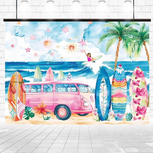 A vibrant beach scene with a pink van, surfboards, palm trees, and a person surfing a wave under a blue sky with sun and clouds creates the perfect Surfboard Summer Hawaii Beach Backdrop - ideasbackdrop.