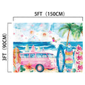 A colorful illustration of a surf scene, described as an HD Vivid Beach Backdrop. The "Surfboard Summer Hawaii Beach Backdrop -ideasbackdrop" by ideasbackdrop features a pink van parked on a beach with palm trees, surfboards, and a surfer riding a wave. Dimensions are 5 feet by 3 feet.