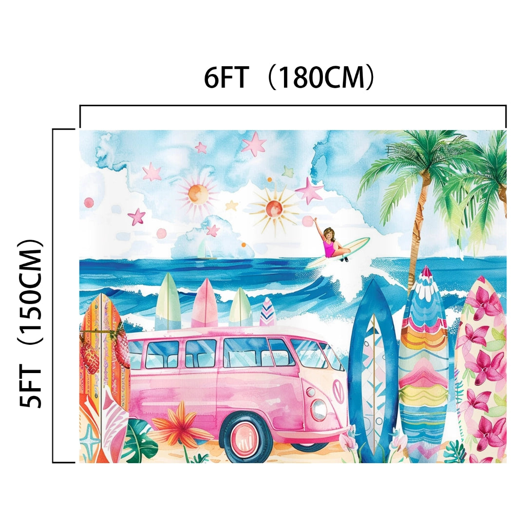 Experience a colorful beach scene with a pink van, surfboards, palm trees, and a surfer riding a wave in the Surfboard Summer Hawaii Beach Backdrop -ideasbackdrop. The image dimensions are 6 feet by 5 feet (180 cm by 150 cm).
