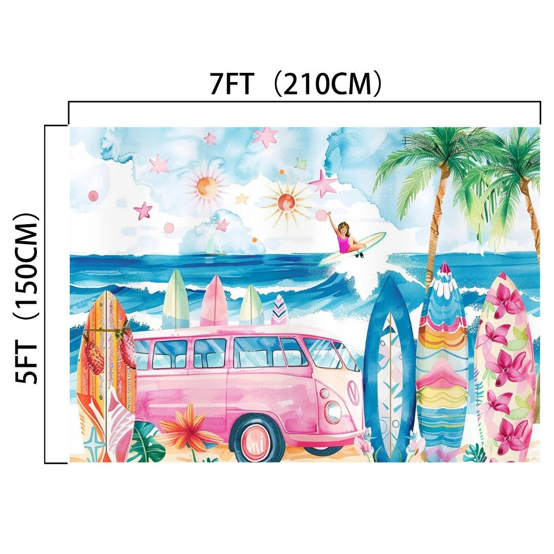 A 7ft by 5ft Surfboard Summer Hawaii Beach Backdrop -ideasbackdrop featuring a pink van, multiple colorful surfboards, a surfer riding a wave, palm trees, and a beach scene with the sky and ocean from ideasbackdrop.