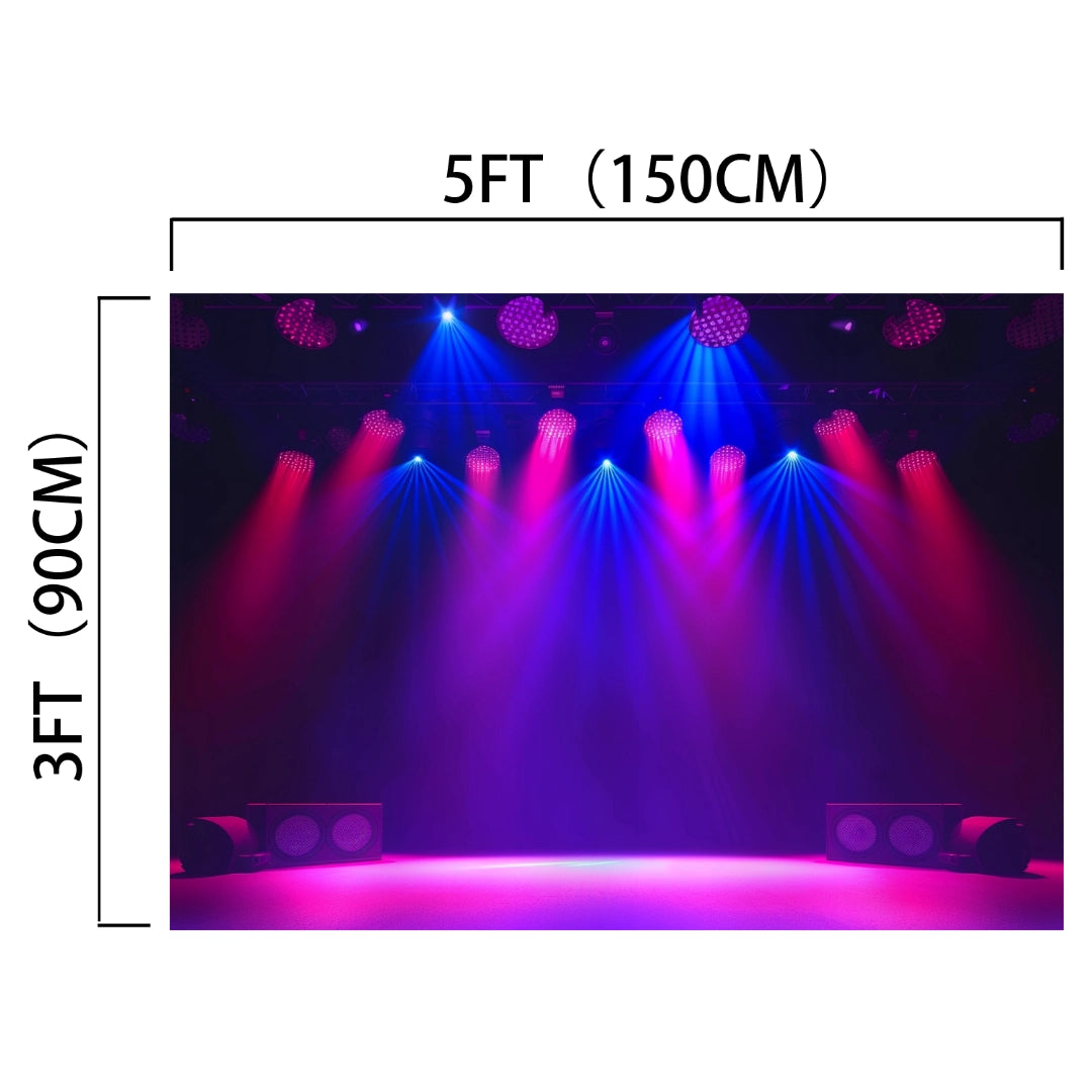 The 7x5FT Theater Backdrop Spotlight Stage Background for Photoshoot Photography Gloomy Night Scenic Birthday Studio Prop by ideasbackdrop in a dark venue, illuminating the area with blue and pink lights against a vibrant stage wall backdrop. Dimensions labeled: 5 feet (150 cm) wide and 3 feet (90 cm) tall. The high-resolution printing ensures every detail pops, while the wrinkle resistance keeps it looking flawless.