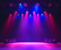 A stage lit with blue and pink spotlights, adorned with the 7x5FT Theater Backdrop Spotlight Stage Background for Photoshoot Photography Gloomy Night Scenic Birthday Studio Prop by ideasbackdrop, and speakers on the floor.