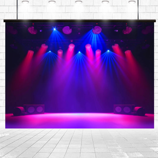 Stage with colorful lights and large speakers, set against a 7x5FT Theater Backdrop Spotlight Stage Background for Photoshoot Photography Gloomy Night Scenic Birthday Studio Prop by ideasbackdrop.