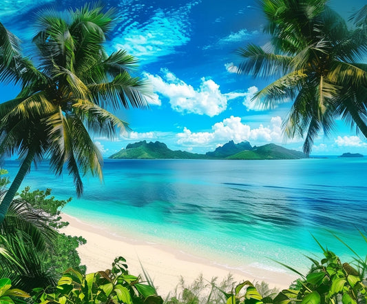 A tropical beach scene with palm trees framing a view of a turquoise sea, a sandy shore, and distant green islands under a blue sky with scattered clouds, perfect for an ideasbackdrop Tropical Beach Backdrop Photography Background Seaside that adds an immersive setting to your photographic portfolio.