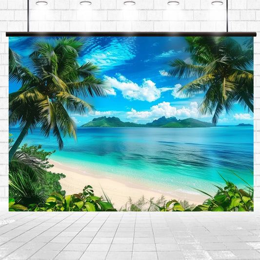 A vibrant tropical beach scene with turquoise water, white sand, and palm trees is displayed on a large, wall-mounted screen in a bright room, creating a realistic and immersive setting akin to an ideasbackdrop Tropical Beach Backdrop Photography Background Seaside.