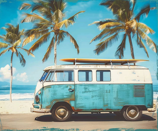 Tropical Beach Backdrop Vintage Car in Beach