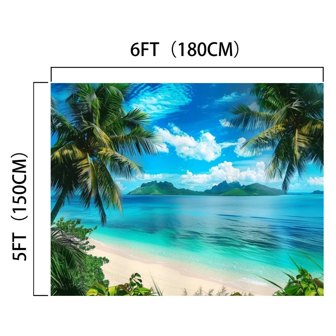 A tropical beach scene with palm trees framing a view of a turquoise sea, a sandy shore, and distant green islands under a blue sky with scattered clouds, perfect for an ideasbackdrop Tropical Beach Backdrop Photography Background Seaside that adds an immersive setting to your photographic portfolio.