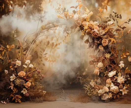 A vivid floral backdrop featuring ideasbackdrop's Vintage Photo Fabric Floral Wall Backdrop-ideasbackdrop adorned with a variety of flowers and foliage in golden and cream tones, surrounded by a misty atmosphere, perfect for HD wedding photos.