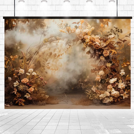 A Vintage Photo Fabric Floral Wall Backdrop-ideasbackdrop by ideasbackdrop displays an array of flowers in muted tones with a misty background, set against a white brick wall and tiled floor, perfect for photoshoots and events.