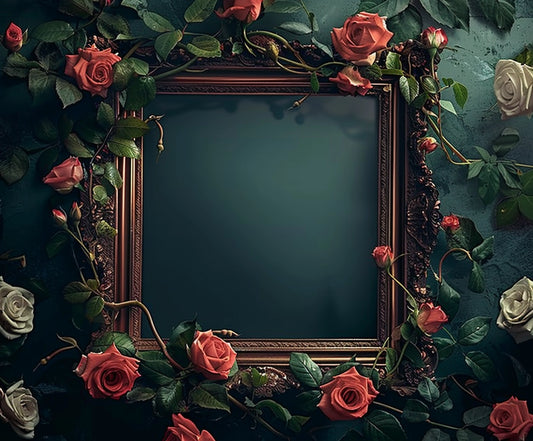 An ornate picture frame surrounded by pink, red, and white roses against a dark background, perfect for creating stunning photo booths with the Wedding Photography Rose Flower Background - ideasbackdrop by ideasbackdrop.