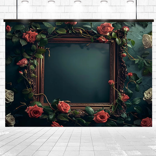 A square frame adorned with red and white roses and green leaves creates a stunning ideasbackdrop Wedding Photography Rose Flower Background - ideasbackdrop, hanging on a wall with a tiled floor. Its realistic floral imagery adds charm, making it the perfect durable backdrop for any room.