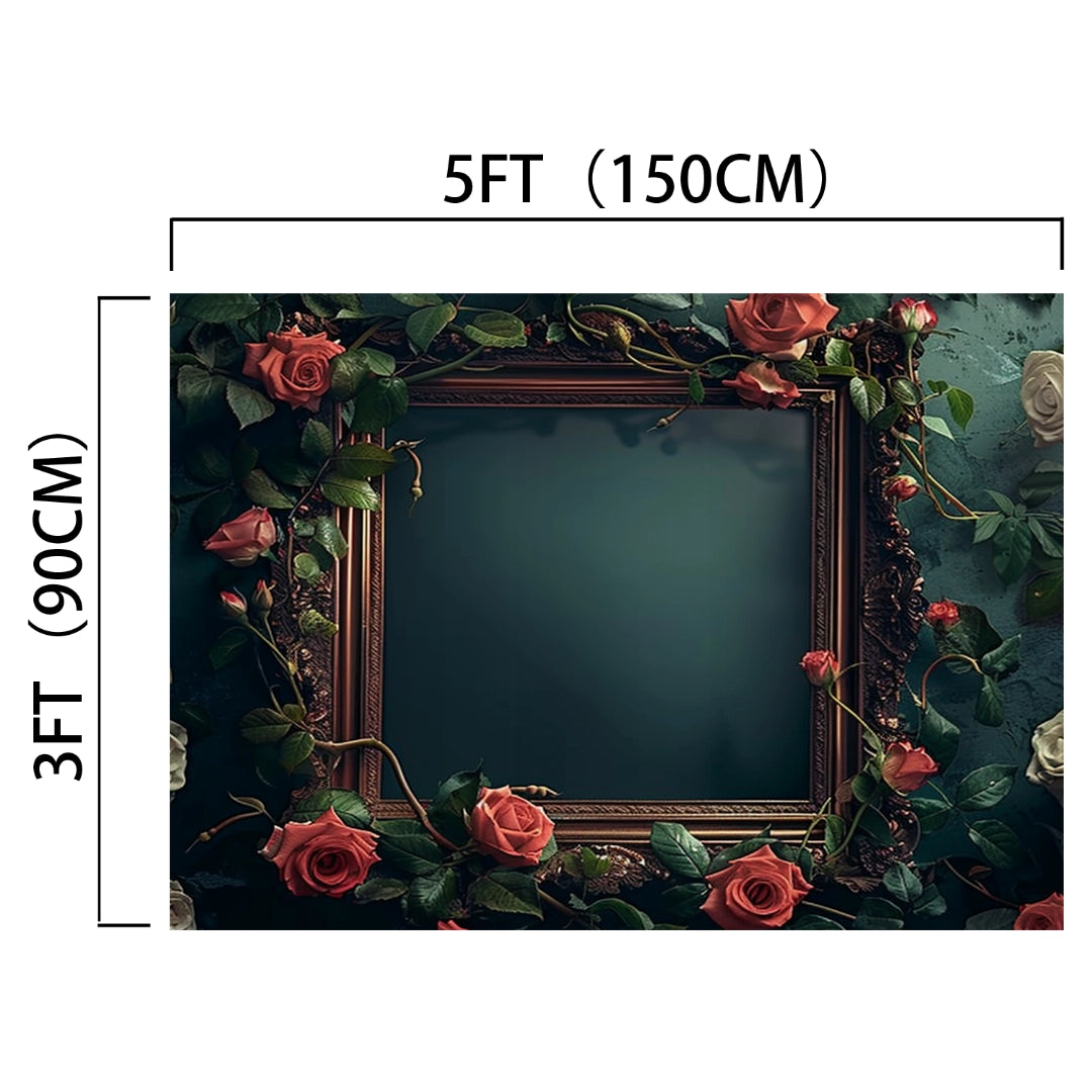 A decorative frame surrounded by roses and vines, featuring a realistic floral imagery Wedding Photography Rose Flower Background - ideasbackdrop. Measuring 5 feet (150 cm) wide and 3 feet (90 cm) tall, it is designed for durable and easy installation by ideasbackdrop.