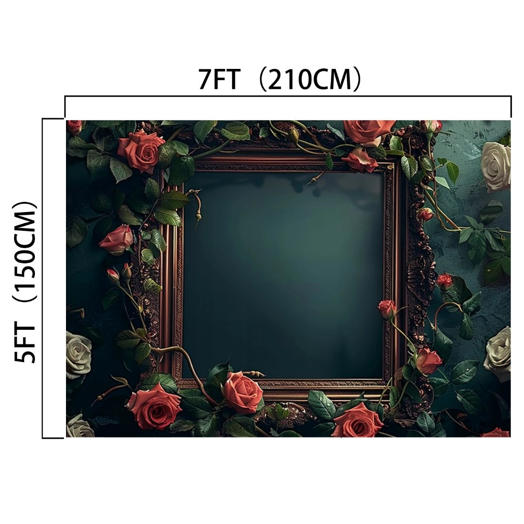 A square frame adorned with realistic floral imagery, featuring red and pink roses and green leaves. Dimensions are 7 feet (210 cm) wide and 5 feet (150 cm) tall. The center of the frame is empty, set against a Wedding Photography Rose Flower Background -ideasbackdrop by ideasbackdrop that ensures durability and easy installation.