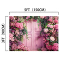 A pink door surrounded by dense floral arrangements of various pink, purple, and green flowers forms an ideasbackdrop Wedding Photography Scenery Flower Backdrop -ideasbackdrop. Annotations indicate the dimensions as 5 feet (150 cm) wide and 3 feet (90 cm) tall.