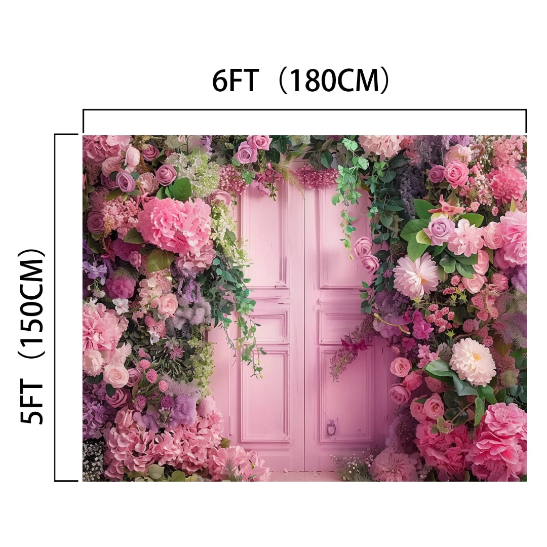A 6x5 foot Wedding Photography Scenery Flower Backdrop -ideasbackdrop featuring a pastel pink door surrounded by dense arrangements of vibrant pink, purple, and green flowers by ideasbackdrop.