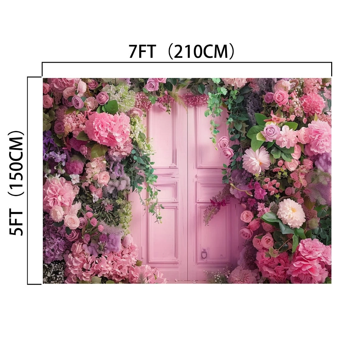 A Wedding Photography Scenery Flower Backdrop -ideasbackdrop by ideasbackdrop, framed by vibrant flowers and greenery, with dimensions marked as 7 feet (210 cm) wide and 5 feet (150 cm) tall.