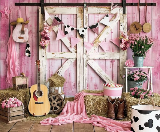 A rustic setup featuring a weathered barn door, hay bales, a guitar, cowboy boots, pink decor, flowers, a wagon wheel, and a milk bucket. Triangular pennants hang above on an HD vivid ideasbackdrop Western Cowgirl Wild West Rustic Barn Backdrop that exudes rustic beauty with its pink wood background.