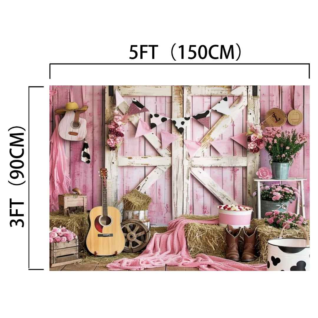 A rustic beauty backdrop with a countryside vibe, featuring a wooden barn adorned with guitars, pink bunting, flowers, hay bales, a cowboy hat, boots, and milk pails with cow patterns. This HD vivid **Western Cowgirl Wild West Rustic Barn Backdrop-ideasbackdrop** by **ideasbackdrop** measures 5 feet (150 cm) wide and 3 feet (90 cm) tall.