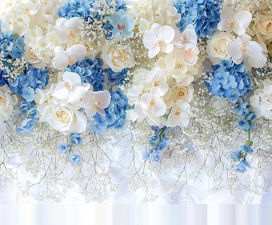 A dense arrangement of white and blue flowers, including roses, hydrangeas, and baby's breath, creates a lush and vibrant floral display with vivid colors that make it an ideasbackdrop White Blue Rose Party Floral Backdrop -ideasbackdrop.