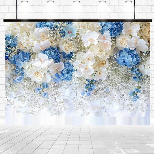 Floral arrangement with white and blue flowers, featuring roses, hydrangeas, orchids, and baby's breath set against a White Blue Rose Party Floral Backdrop -ideasbackdrop. The realistic detail brings out the beauty of each bloom vividly in stunning portraits by ideasbackdrop.