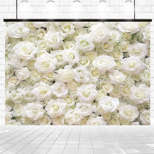 A vivid floral backdrop featuring a high-definition colorful design with numerous white roses and small white flowers arranged closely together, perfect for enhancing social events, is the White Floral Photography Flower Backdrop for Party -ideasbackdrop by ideasbackdrop.