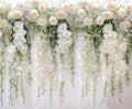 A white and cream floral arrangement with cascading orchids and roses is perfect for bridal showers, set against a White Rose Floral Baby Girl Birthday Flower Backdrop - ideasbackdrop by ideasbackdrop.