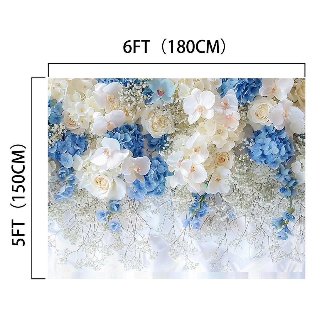 A 6ft by 5ft HD White Blue Rose Party Floral Backdrop -ideasbackdrop featuring white and blue flowers, including roses and hydrangeas, with a cascading design, perfect for stunning portraits. Ideal for photographers seeking an elegant touch.