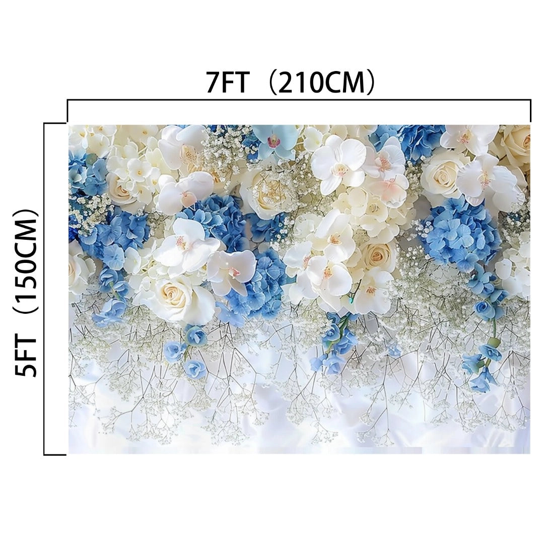 A floral arrangement featuring white and blue flowers, ideal for photographers seeking stunning portraits. Dimensions are labeled as 7 feet (210 cm) wide and 5 feet (150 cm) tall, making it a perfect **White Blue Rose Party Floral Backdrop - ideasbackdrop** by **ideasbackdrop**.
