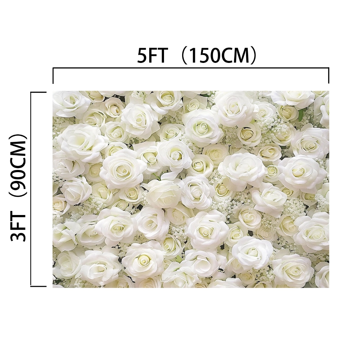 A vivid floral backdrop consisting of White Floral Photography Flower Backdrop for Party -ideasbackdrop is shown, measuring 5 feet (150 cm) in width and 3 feet (90 cm) in height—an Instagram-worthy setup perfect for photo booths by ideasbackdrop.