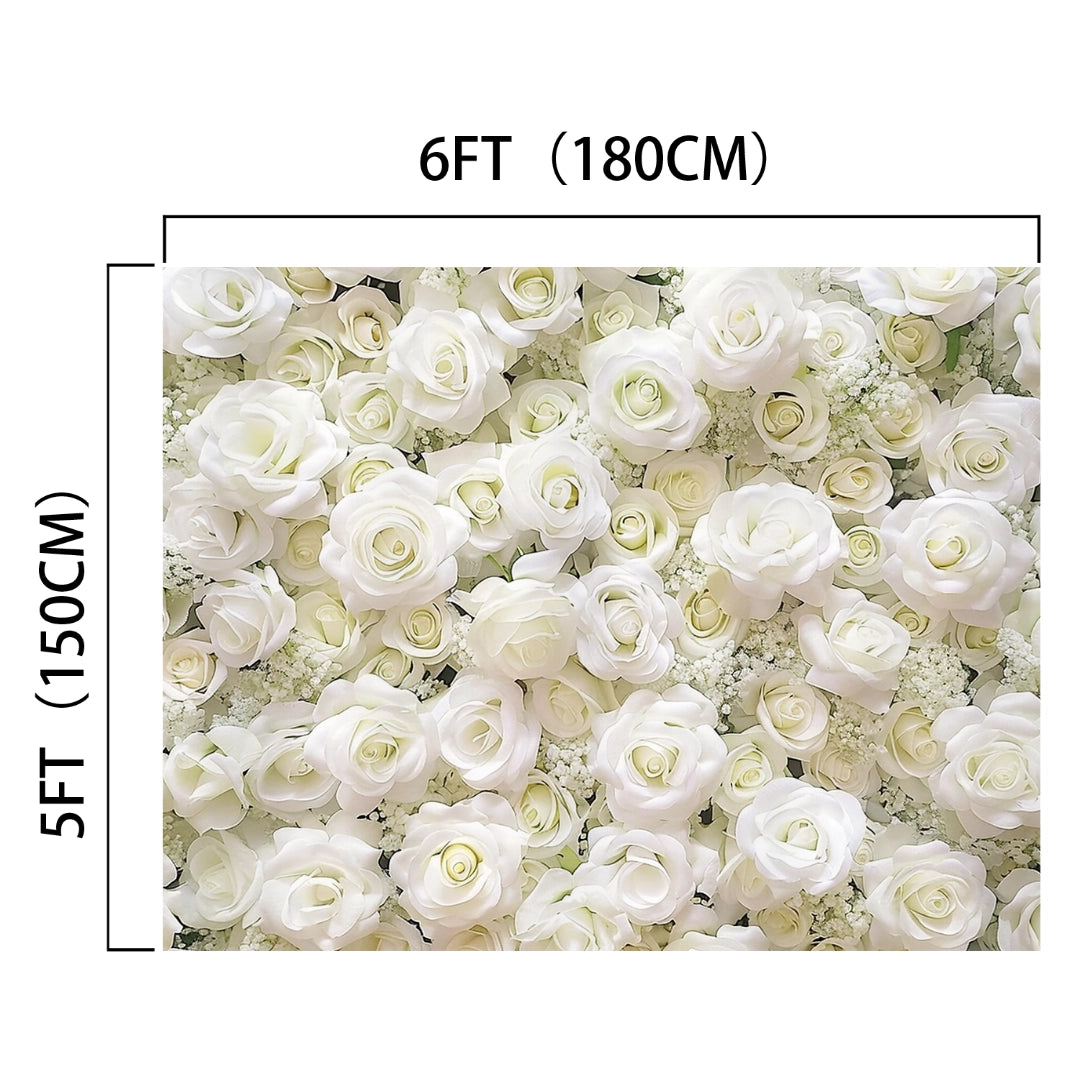 A 6-foot by 5-foot wall of White Floral Photography Flower Backdrop for Party -ideasbackdrop by ideasbackdrop creates a vivid floral backdrop, perfect for an Instagram-worthy setup.
