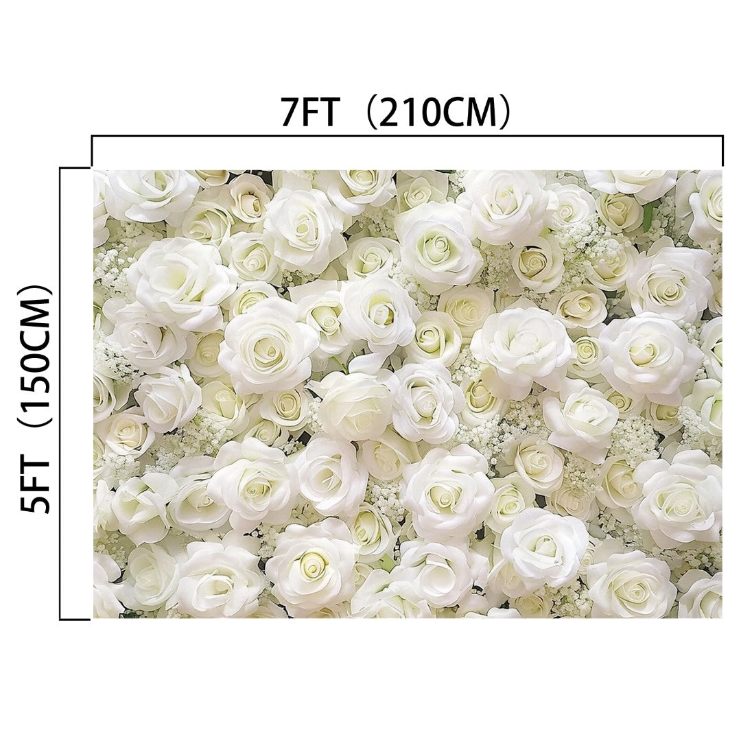 Image of a vivid floral backdrop composed of numerous white roses. The White Floral Photography Flower Backdrop for Party -ideasbackdrop by ideasbackdrop, perfect for photo booths, measures 7 feet (210 cm) wide by 5 feet (150 cm) tall and creates an Instagram-worthy setup.