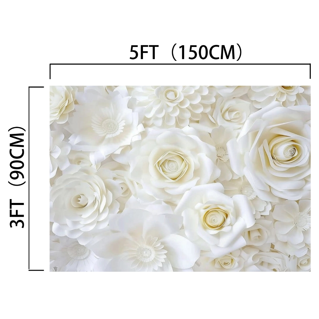 A **White Flower Bridal Photos Wedding Backdrop-ideasbackdrop** measuring 5 feet (150 cm) by 3 feet (90 cm) featuring a variety of white paper flowers in different sizes and designs, creating an HD vivid wedding backdrop perfect for a photogenic setting and an unforgettable ceremony.
