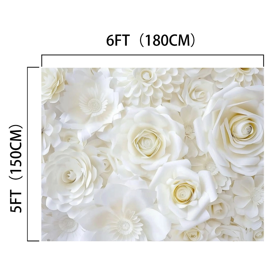 A photogenic setting boasting an arrangement of large white paper flowers, the White Flower Bridal Photos Wedding Backdrop-ideasbackdrop from ideasbackdrop measures 6 feet (180 cm) wide and 5 feet (150 cm) tall. Perfect for capturing every moment of your unforgettable ceremony.