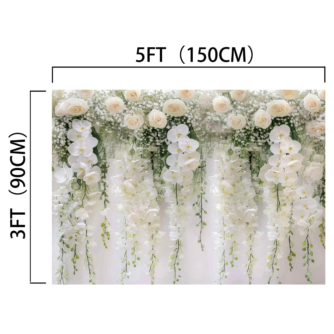 White Rose Floral Baby Girl Birthday Flower Backdrop -ideasbackdrop measuring 5 feet by 3 feet, consisting of roses, orchids, and greenery, perfect for fashion shoots or bridal showers, displayed against a white backdrop by ideasbackdrop.