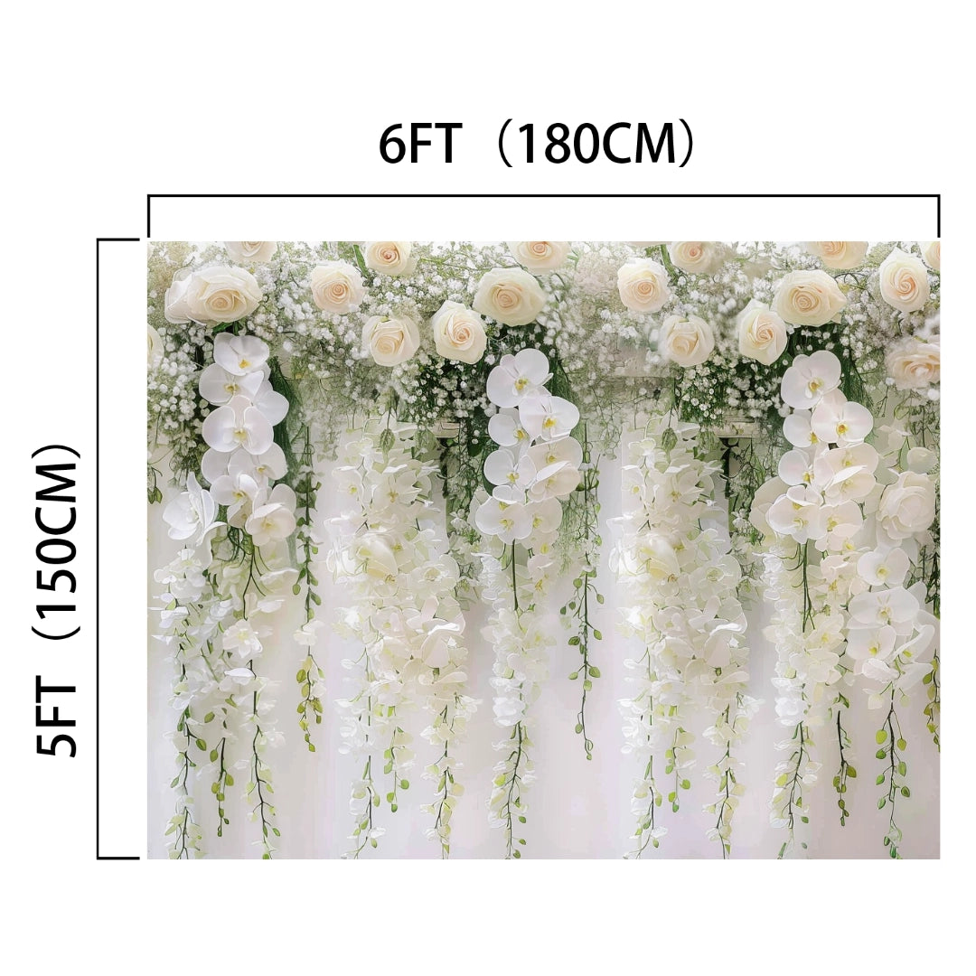A stunning floral backdrop with white roses and orchids, measuring 6 feet (180 cm) in width and 5 feet (150 cm) in height, perfect for bridal showers or fashion shoots. 
White Rose Floral Baby Girl Birthday Flower Backdrop - ideasbackdrop by ideasbackdrop.

