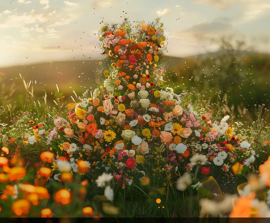 A dress-shaped arrangement of colorful flowers stands in a grassy field under a cloudy sky, serving as the perfect wedding backdrop with various wildflowers and greenery surrounding it. The *Wildflowers Field Skirt Flower Dress Backdrop-ideasbackdrop* by **ideasbackdrop** adds an enchanting touch to the scene.