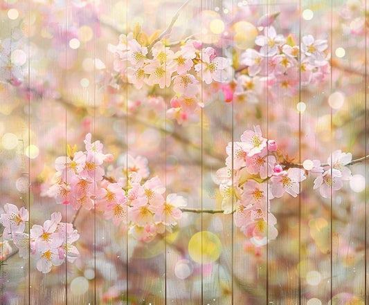 Delicate pink cherry blossoms in full bloom are overlaid with light bokeh effects, creating a dreamy, photorealistic florals backdrop on wooden planks with the Wood Wall Spring Blossom Pink Flower Backdrop-ideasbackdrop by ideasbackdrop.