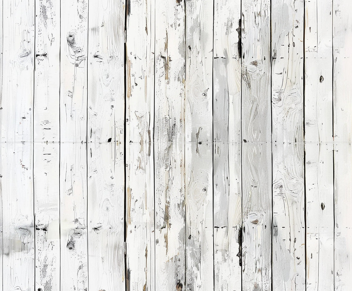 A whitewashed wooden plank wall with visible grain patterns and imperfections, perfect for a Wood Backdrop Retro Rustic White Gray Wooden Floor Background for Photography Kids Photo Booth Video Shoot Studio Prop by ideasbackdrop.