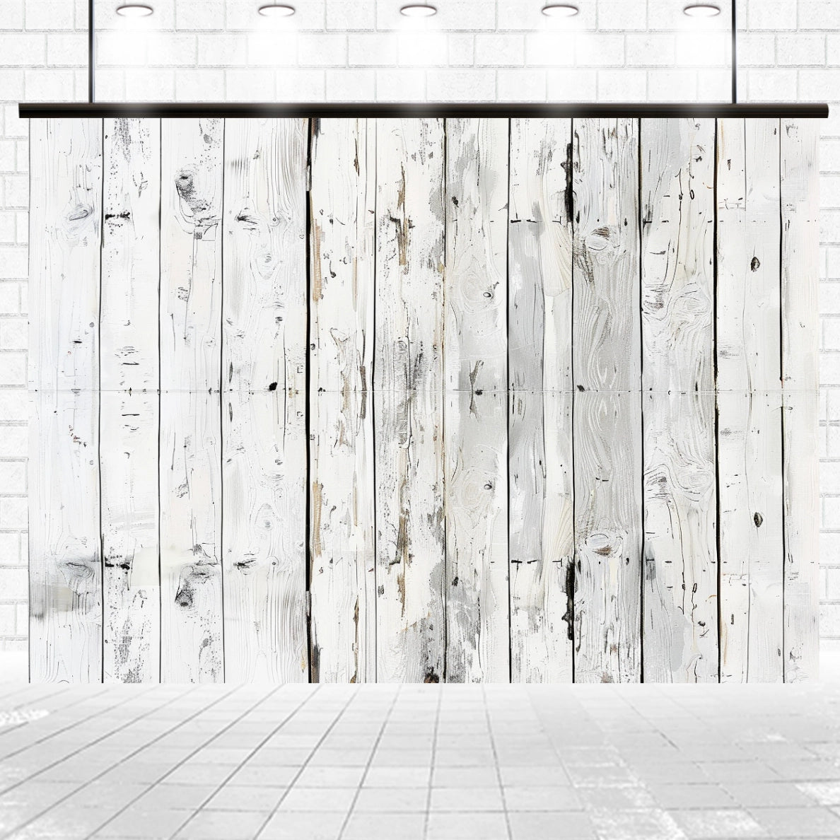 A backdrop of **Wood Backdrop Retro Rustic White Gray Wooden Floor Background for Photography Kids Photo Booth Video Shoot Studio Prop** by **ideasbackdrop**, set against a tiled floor and a brick-textured wall with ceiling lights overhead.