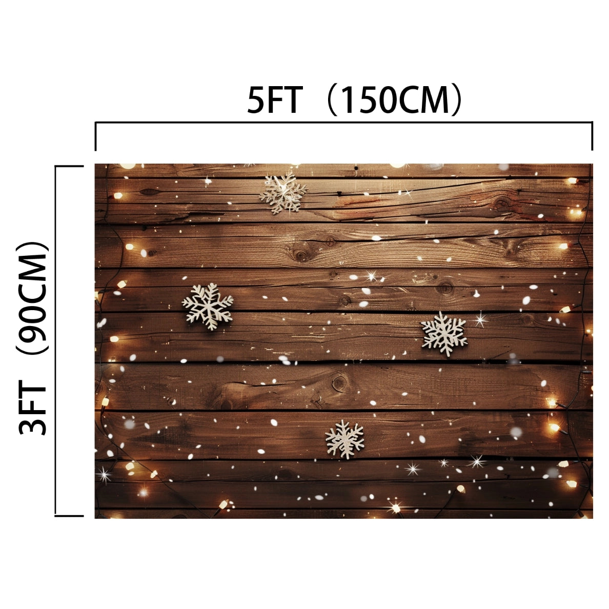 An ideasbackdrop Wood Photo Backdrop Snowflake Brown Wooden Wall Background Photography for Party Wedding Baby Photoshoot measuring 5 feet by 3 feet (150 cm by 90 cm), decorated with string lights and snowflakes.