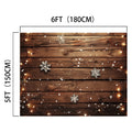 Wood Photo Backdrop Snowflake Brown Wooden Wall Background Photography for Party Wedding Baby Photoshoot by ideasbackdrop measuring 6 feet by 5 feet, decorated with string lights and snowflakes. Featuring high-resolution printing, this setup ensures every detail stands out beautifully.