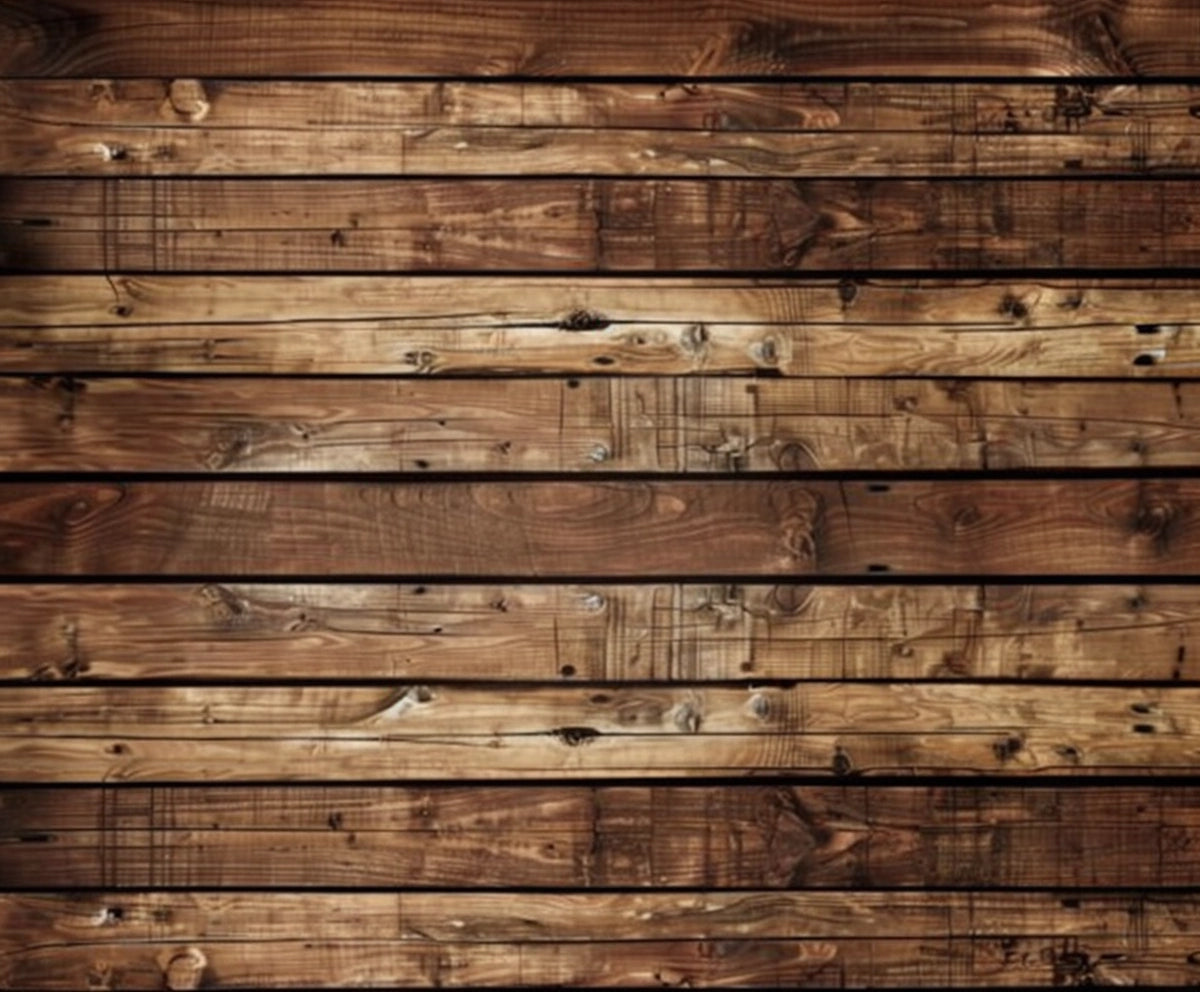 A close-up view of a wooden surface composed of several planks arranged horizontally, displaying natural grain patterns and knots. The medium to dark brown color lends a nostalgic atmosphere to this vintage flair backdrop, the Wooden Boards Photography Wood Backdrop-ideasbackdrop by ideasbackdrop.
