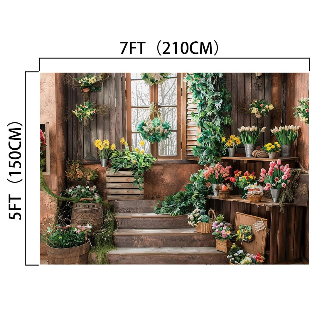 A high-quality material photo backdrop showing a rustic flower shop interior with various potted and hanging plants, flowers, and wooden crates. Ideal for events and photography, the Wooden Window Garden Grass Floral Backdrop-ideasbackdrop by ideasbackdrop measures 7 feet by 5 feet (210 cm by 150 cm).